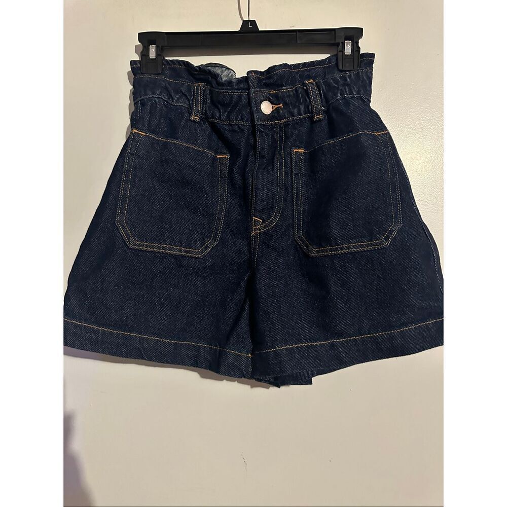 Zara Paperbag Denim Shorts Women US 2 (24 in Waist) Blue Elastic Waist Hi Rise